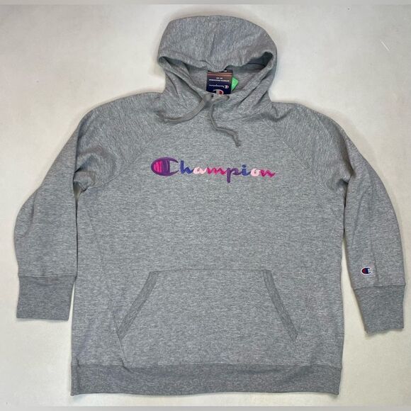 Champion Fleece Pullover Hoodie Women Plus Size 1X Gray Script Logo NWT - Picture 1 of 7